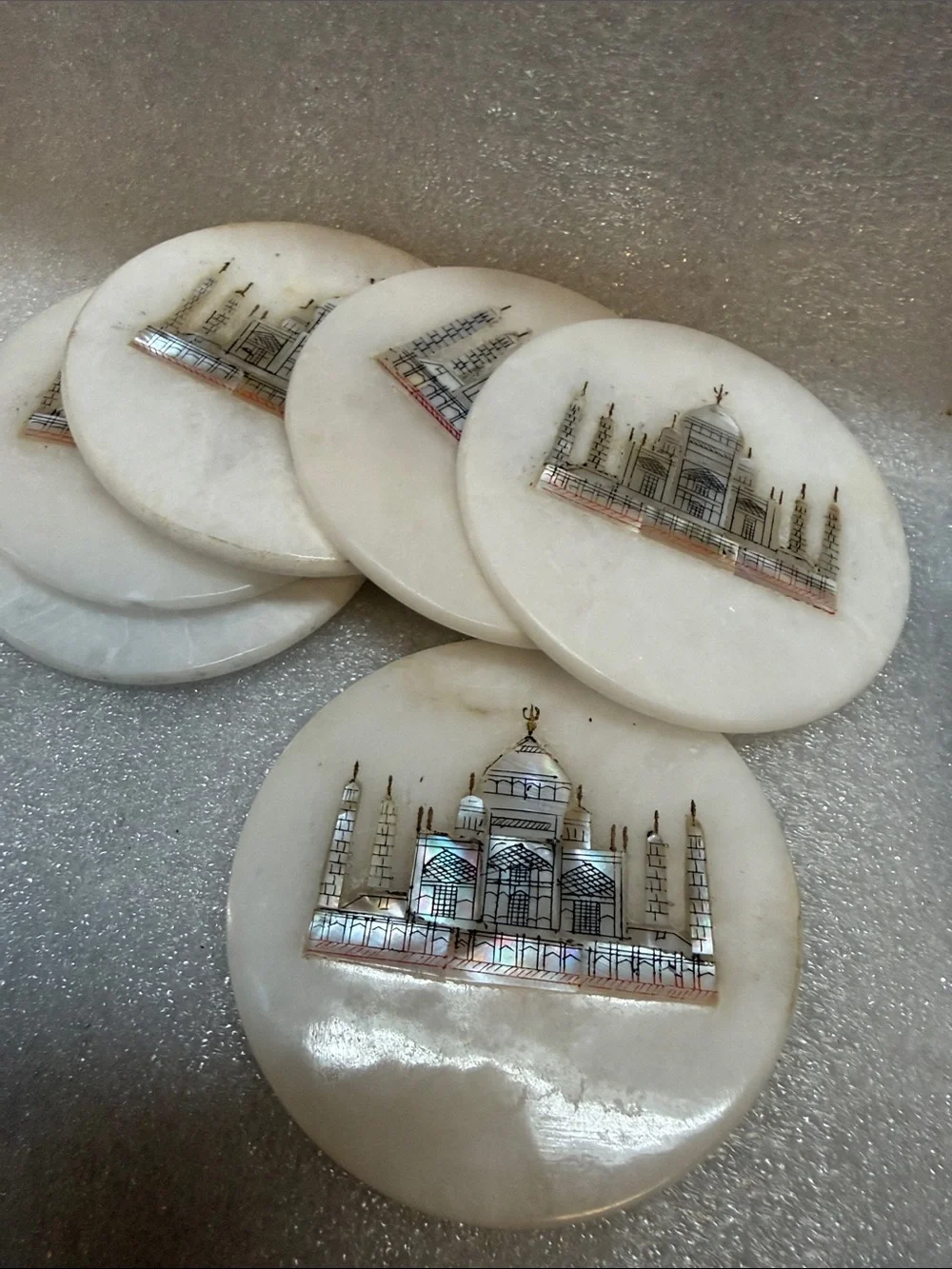 Vintage Marble Taj Mahal Coaster Set 6 White Stone Inlay Drink Coasters